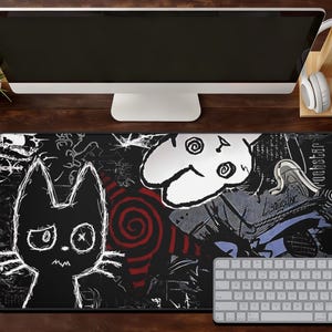 ダークパンクアニメマウスパッドXL不気味な猫ゲーミングマットグランジデスクパッドゲーマー用ネオン美的マウスパッドPCセットアップ用ダークパンクアニメギフト