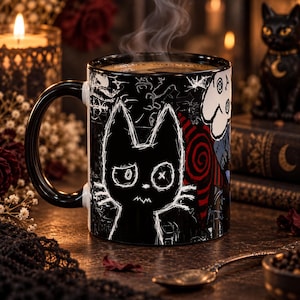 Punk Cat Mug, Edgy Alt Ceramic Coffee Cup, Dark Aesthetic Mug