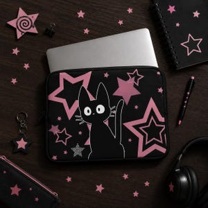 Black Cat Laptop Sleeve, Pink Star Kawaii Case, Gift for Cat and Anime Lovers Laptop and MacBook Bag