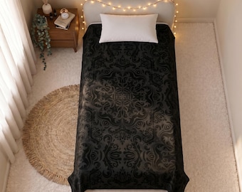Elegant Black Damask Velveteen Plush Blanket, Soft Cozy Gothic Throw for Bedroom, Living Room, Sofa and Stylish Goth Home Decor Gift