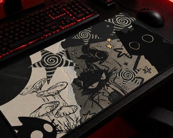 Grunge Cat Mouse Pad Black Cat Collage Desk Mat with Vinyl Record, Mushrooms & Stars Aesthetic Desk Decor for Gamers and Artists Gift