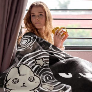 Trippy Cat Bunny Velveteen Plush Blanket Dark Punk Room Decor Cozy Soft Gothic Throw Aesthetic for Unique Home Decor Cat Lover Gift image 2