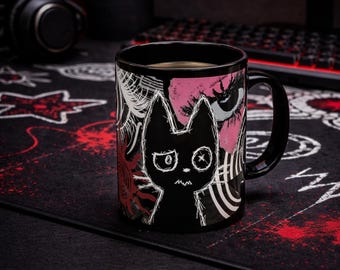 Weirdcore Trippy Cat Mug, Creepy Gothic Dark Punk Aesthetic, Alt Grunge Black Coffee Cup