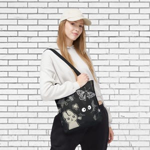Creepy Cute Tote Bag Dark Aesthetic Bag with Bunny, Cat, and Moths, Grunge Kawaii Witchcore Shoulder Tote Cat Person Bag Gift for Indie Girl image 4