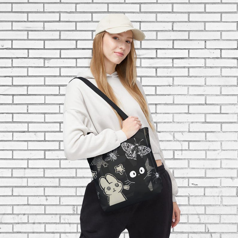 Creepy Cute Tote Bag Dark Aesthetic Bag with Bunny, Cat, and Moths, Grunge Kawaii Witchcore Shoulder Tote Cat Person Bag Gift for Indie Girl image 4