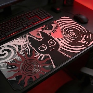 Dark Punk Cat Desk Mat Grunge Cat Mouse Pad Alt Aesthetic Desk Mat with Scribble Art, Spiral Eyes, Gothic Dark Gamer Gift Indie Setup