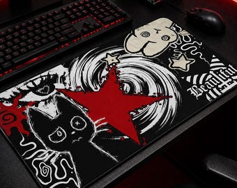 Dark Punk Mouse Pad Grunge Red Star Cat Art Desk Mat Alt Aesthetic Gaming Mat for Goth, Emo and Indie Setup Lovers Anime Lover Gift
