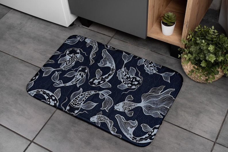 Koi Fish Bath Mat Japanese Inspired Zen Rug Elegant Bathroom Decor Anime Lover Gift Japanese Art Home Decor Ocean Lover Bath Decor image 1