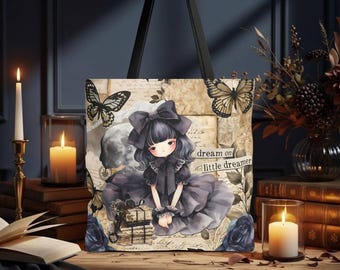 Gothic Lolita Tote Bag Dreamy Aesthetic Bag with Moon & Butterflies Book Lover Bag Romantic Vintage Shoulder Bag Dark Cottagecore Girl Gift