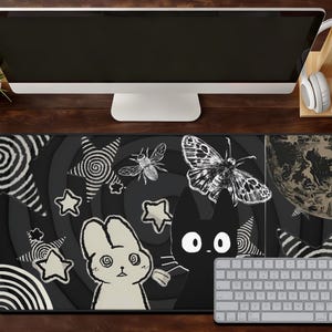Kawaii Gothic Mouse Pad Creepy Cute Bunny and Cat Desk Mat, Horror Aesthetic Mousepad XL for Gamers Anime Gift Cat Lover Gift Cat Person Pad