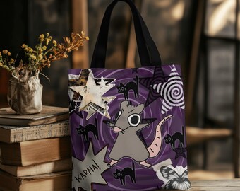 Funny Rat Tote Bag, Purple Grunge Cartoon Tote, Alt Aesthetic Bag with Black Cats, Edgy Tote for Students and Everyday Use Dark Punk Gift