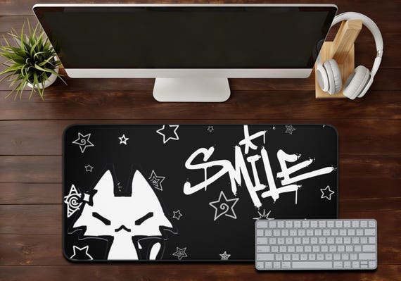 Dark Punk Mousepad Kawaii Gothic Cat Gaming Pad Black & White Smile Design Large Gaming Desk Mat Cute Goth Desk Accessory for Cat Lovers