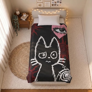 Dark PunkVelveteen Plush Blanket Gothic Cat, Pink Heart Sun Design Soft Cozy Throw for Bed and Sofa Alternative Home Decor Cat Lover Gift