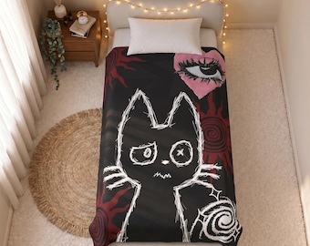 Dark PunkVelveteen Plush Blanket Gothic Cat, Pink Heart Sun Design Soft Cozy Throw for Bed and Sofa Alternative Home Decor Cat Lover Gift