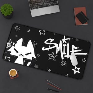 Dark Punk Mousepad Kawaii Gothic Cat Gaming Pad Black & White Smile Design Large Gaming Desk Mat Cute Goth Desk Accessory for Cat Lovers image 6
