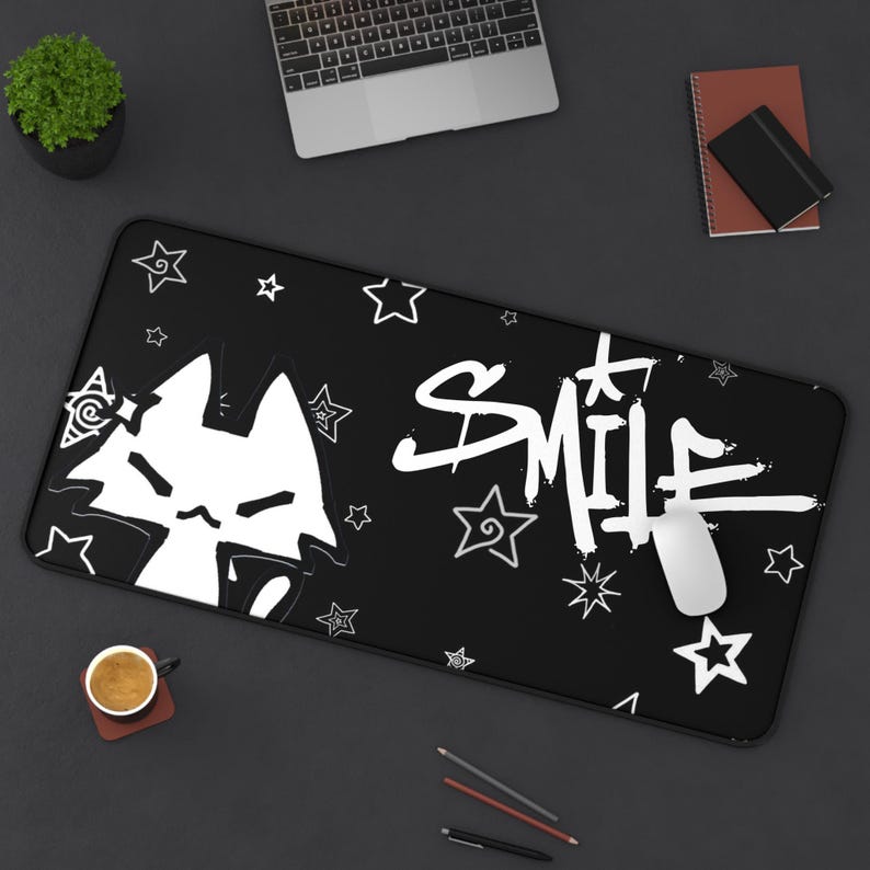 Dark Punk Mousepad Kawaii Gothic Cat Gaming Pad Black & White Smile Design Large Gaming Desk Mat Cute Goth Desk Accessory for Cat Lovers image 6