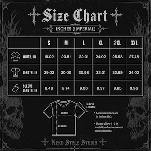 May include: A black size chart for a t-shirt with white text and graphics. It displays width, length, and sleeve length measurements in inches for sizes S through 3XL. The chart includes a t-shirt diagram and notes a 1-2 inch variation allowance.