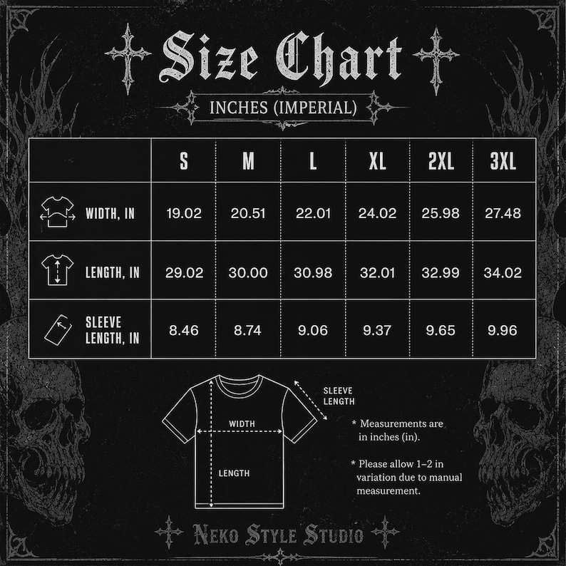May include: A black size chart for a t-shirt with white text and graphics. It displays width, length, and sleeve length measurements in inches for sizes S through 3XL. The chart includes a t-shirt diagram and notes a 1-2 inch variation allowance.