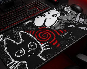 Dark Punk Anime Mousepad XL Creepy Cat Gaming Mat Grunge Desk Pad for Gamers Neon Aesthetic Mouse Pad for PC Setup Dark Punk Anime Gift