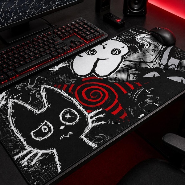 Dark Punk Anime Mousepad XL Creepy Cat Gaming Mat Grunge Desk Pad for Gamers Neon Aesthetic Mouse Pad for PC Setup Dark Punk Anime Gift