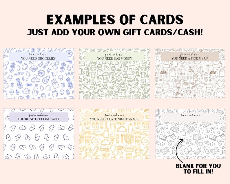 Examples of cards included in the gift card holder