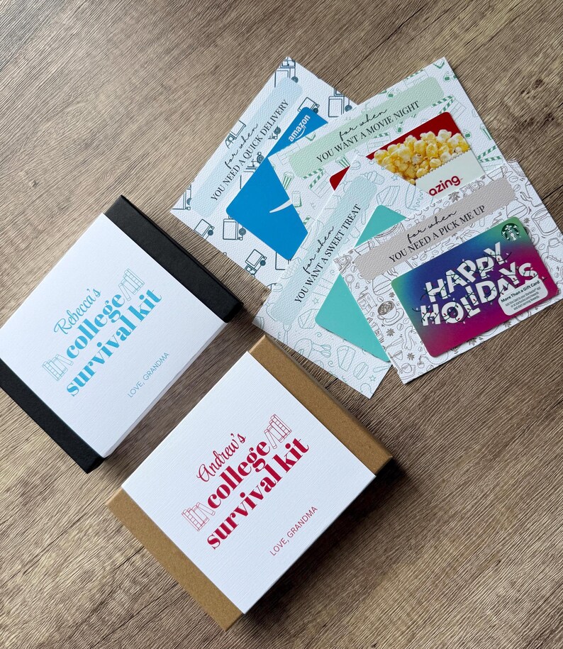 May include: Two rectangular gift boxes with white lids featuring the text College survival kit in blue and red, signed Love, Grandma. Alongside are various gift cards displaying printed phrases such as for when you need a quick delivery or movie night.