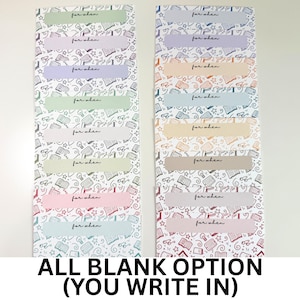 May include: Two vertical stacks of rectangular paper labels featuring a repeating pattern of books, lightbulbs, and glasses. Each label has a solid coloured rectangular overlay with the text "for when" printed in black script. The text "ALL BLANK OPTION (YOU WRITE IN)" appears at the bottom.