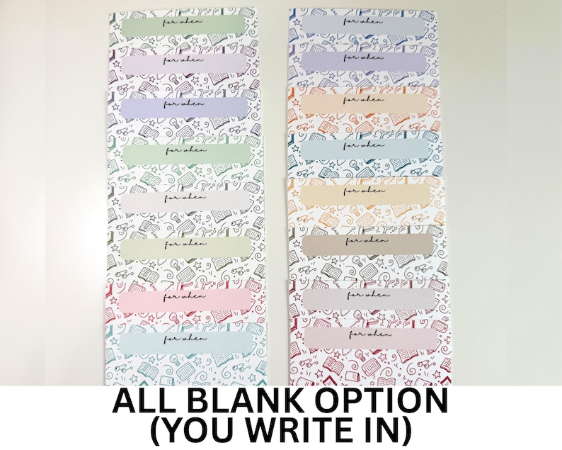 May include: Two vertical stacks of rectangular paper labels featuring a repeating pattern of books, lightbulbs, and glasses. Each label has a solid coloured rectangular overlay with the text "for when" printed in black script. The text "ALL BLANK OPTION (YOU WRITE IN)" appears at the bottom.
