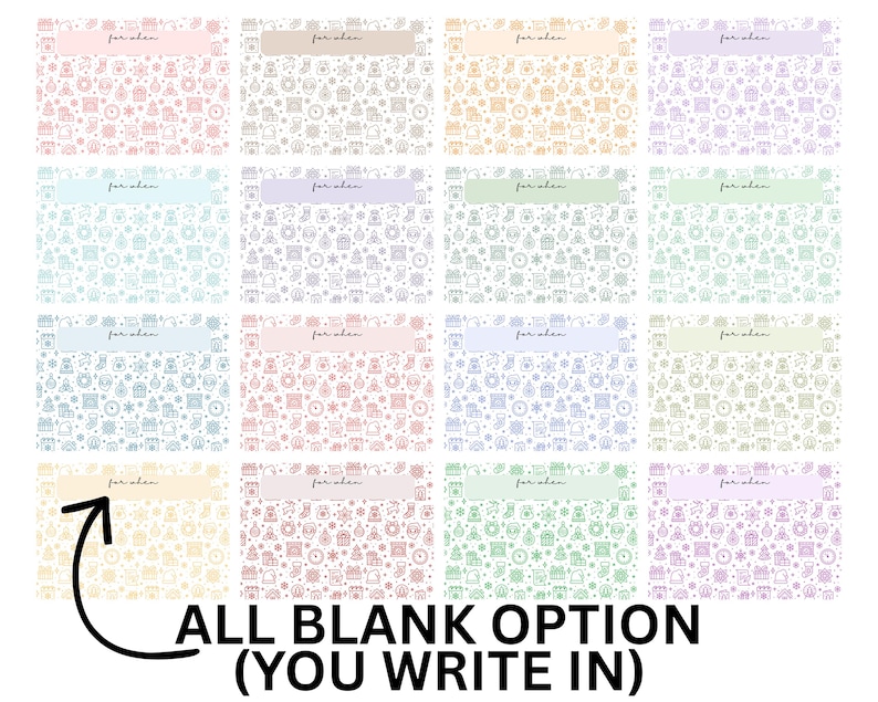 May include: A collection of sixteen rectangular labels featuring a repeating pattern of holiday icons including stockings, gifts, and snowflakes. Each label has a solid pastel-colored header with the text "for when" and a black arrow pointing to the bottom left.