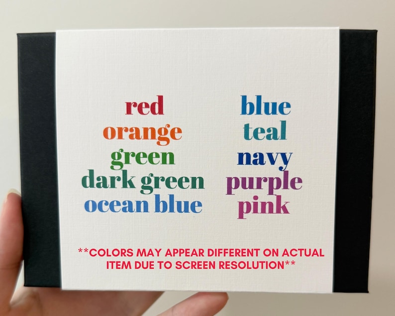 Colors that text on the outer sleeve can be printed in: red, orange, green, dark green, blue, teal, navy, purple, pink