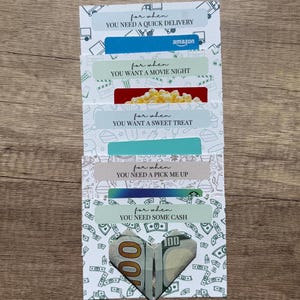 Examples of cards the box comes with. For when you need a quick delivery, for when you want a movie night, for when you want a sweet treat, for when you need a pick me up, for when you want some cash. Just attach gift cards or cash!