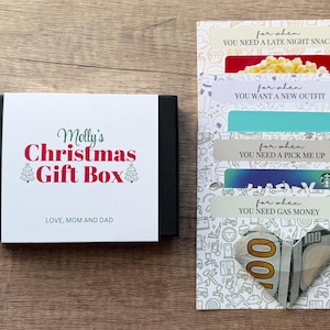 Custom Christmas gift card boxes. Comes with an outer sleeve that’s personalized to the recipient and inside the small box, there are loose cards you attach gift cards to.