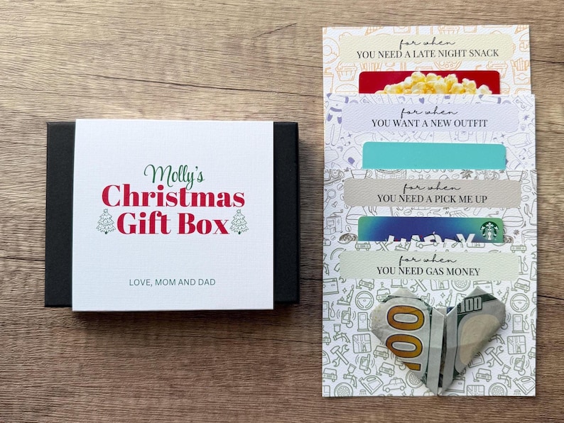 Custom Christmas gift card boxes. Comes with an outer sleeve that’s personalized to the recipient and inside the small box, there are loose cards you attach gift cards to.