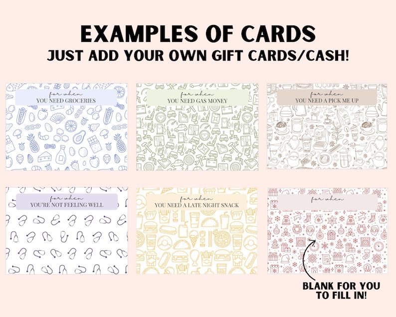 Examples of cards included in the gift card holder