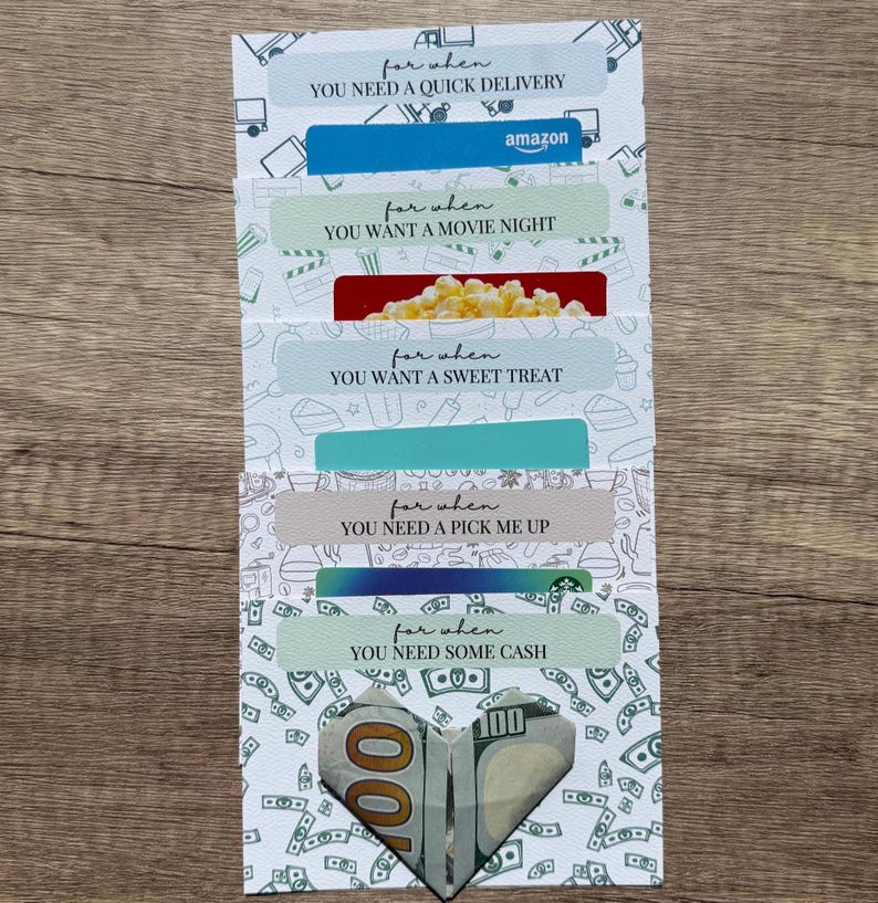 May include: A set of five white gift card holders with various themed patterns and text. Each holder features the phrase for when followed by specific occasions including quick delivery, movie night, sweet treat, pick me up, and some cash.