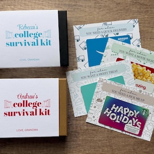 Custom college survival kit boxes. Comes with an outer sleeve that’s personalized to the college student and inside the small box, there are loose cards you attach gift cards to.