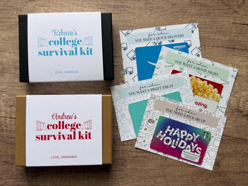 Custom college survival kit boxes. Comes with an outer sleeve that’s personalized to the college student and inside the small box, there are loose cards you attach gift cards to.