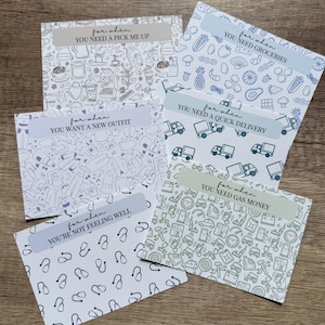 May include: A set of six rectangular cards with various line-art patterns and text labels. The cards feature themes including coffee, groceries, clothing, delivery trucks, medical stethoscopes, and automotive supplies, each with a 'for when' header.