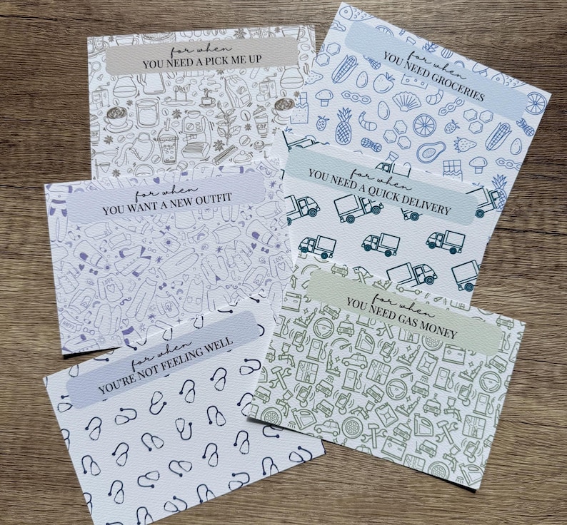 May include: A set of six rectangular cards with various line-art patterns and text labels. The cards feature themes including coffee, groceries, clothing, delivery trucks, medical stethoscopes, and automotive supplies, each with a 'for when' header.