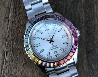 PREMIUM CUSTOM DJMOD *Modded NH35A Movement* White Dial Green Lume - Rainbow Bezel