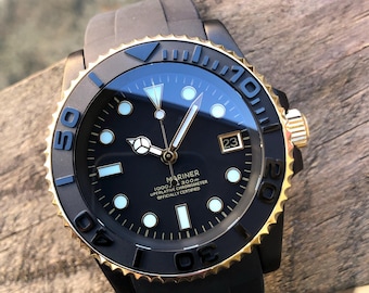 PREMIUM CUSTOM SUBMOD * Modded NH35A Movement* 2Tone Black and Gold - YMCeramic Insert