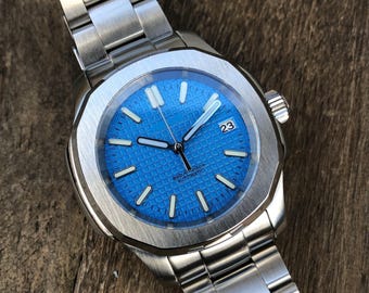 PREMIUM CUSTOM NAUTMOD *Modded NH35A Uhrwerk * Blaues Waffle-Zifferblatt - Blaue Leuchtfarbe