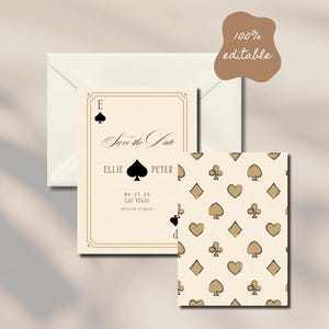 Plantilla digital para guardar la fecha de boda atemporal: diseño elegante inspirado en naipes: descarga instantánea en PDF: 100 % personalizable