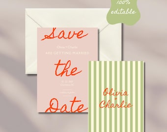 Whimsical Pink & Green Wedding Save the Date Digital Template - Instant PDF Download - Customizable Wedding Printable