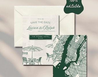 Sophisticated NYC Save the Date - Elegant Rich Greens & Cream - 100% Customizable, Instant Download