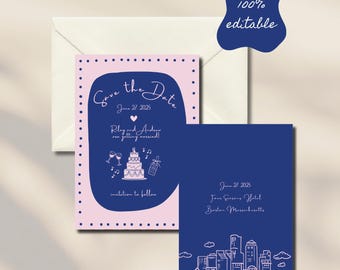 Whimsical Pink & Navy Wedding Save the Date Digital Template - Instant PDF Download - Customizable Wedding Printable