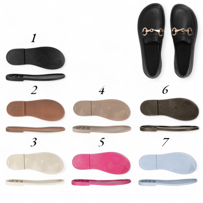 May include: A collection of shoe soles in various colors, including black, brown, beige, pink, and light blue. The image also shows a pair of black loafers with gold-colored hardware.