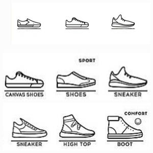 May include: Line drawings of different types of shoes, including canvas shoes, sneakers, high tops, and boots. The drawings are labeled with the type of shoe.