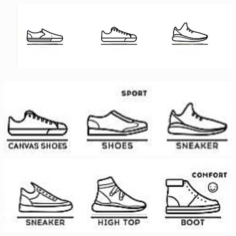 May include: Line drawings of different types of shoes, including canvas shoes, sneakers, high tops, and boots. The drawings are labeled with the type of shoe.