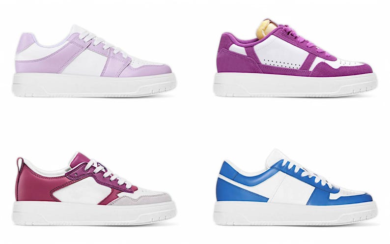 May include: Four pairs of sneakers with white soles and different colored accents. The sneakers have a white base with a colored panel on the side and a colored heel. The colors are purple, pink, blue, and red.